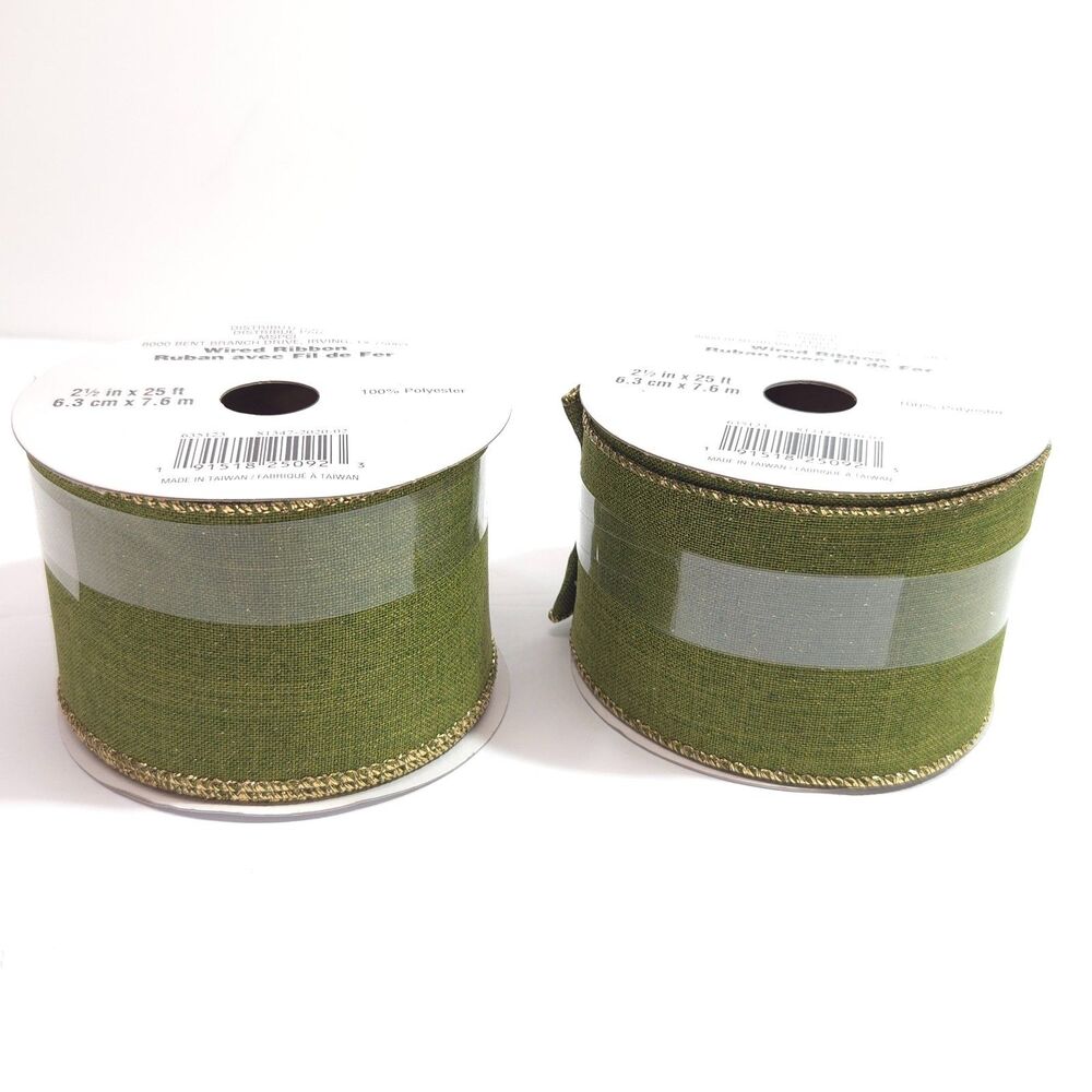 Celebrate It Fall Wired Ribbon Green Gold Edge 2 1/2 in x 25 ft Lot of 2